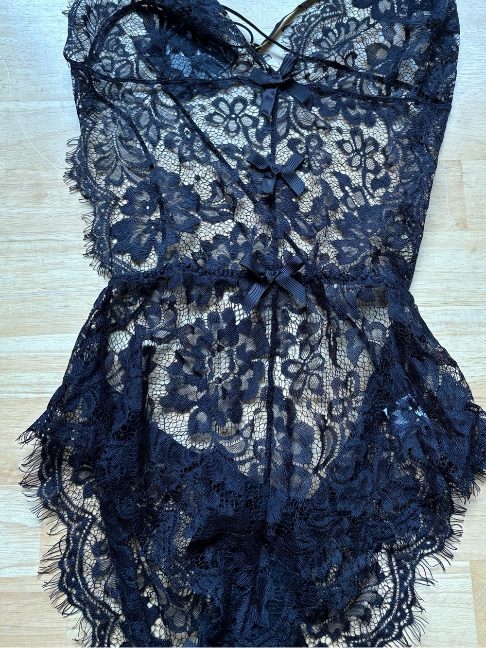 Zaful Black Floral Lace Chemise with Bow Accents
